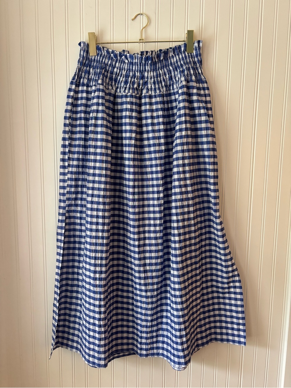 Blue and White Gingham Smocked Waist Maxi Skirt